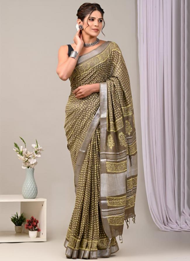 Pure Linen Cotton Olive Green Casual Wear Pure Hand Work Saree